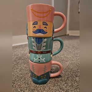 Nutcracker Stacking Mugs Set Of 3 Holiday Pink & Blue